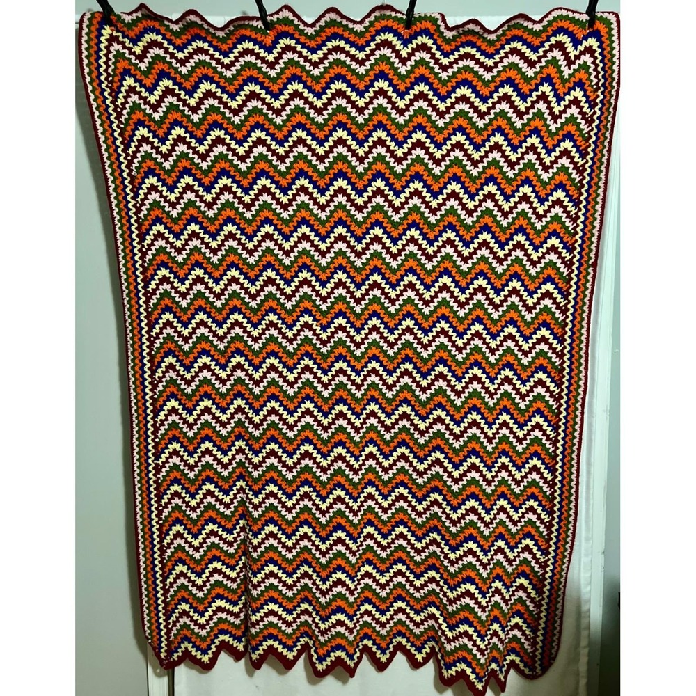 Vintage Handmade Crochet Afghan Blanket Chevron Zigzag Ripple Throw Multi Color